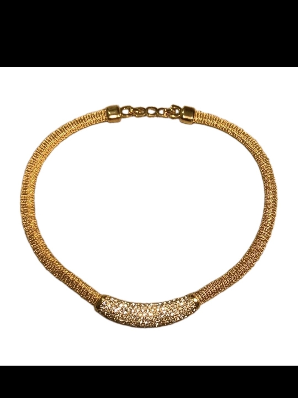 Vintage Christian Dior Gold Tone Crystal Pavé Woven Mesh Collar Necklace 1980s